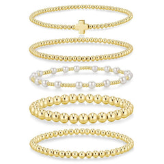 14K 5-Piece Beaded Cross Bracelet Stack