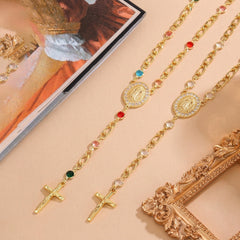 18K Figaro Rosary Virgin Mary Cross Lariat Necklace