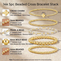 14K 5-Piece Beaded Cross Bracelet Stack