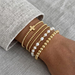 14K 5-Piece Beaded Cross Bracelet Stack
