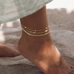 3-Piece Elegant Satellite, Paperclip, Curb Chain Anklet Set