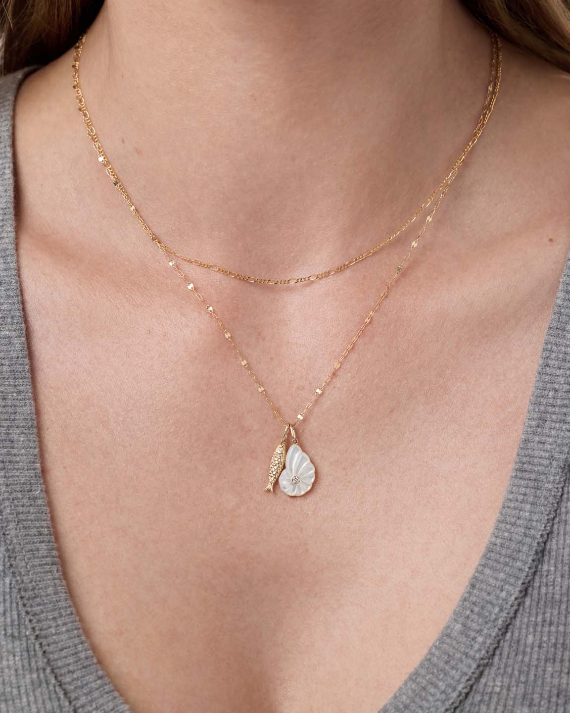 Solid Yellow Gold - Mother of Pearl Shell Necklace