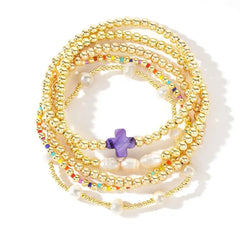 5-Piece Colorful Boho Pearl & Cross Beaded Bracelet Stack