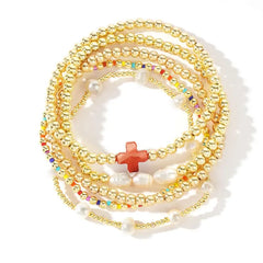 5-Piece Colorful Boho Pearl & Cross Beaded Bracelet Stack