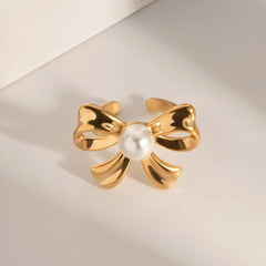 18k Dainty Bow Pearl Center Necklace, Earring, Ring Set - Veinci