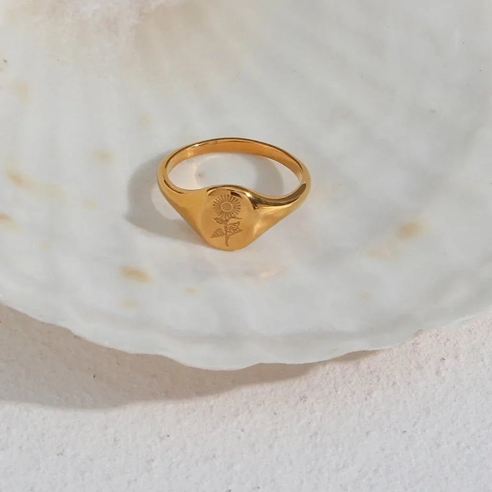 18k Dainty Floral Signet Rings - Veinci