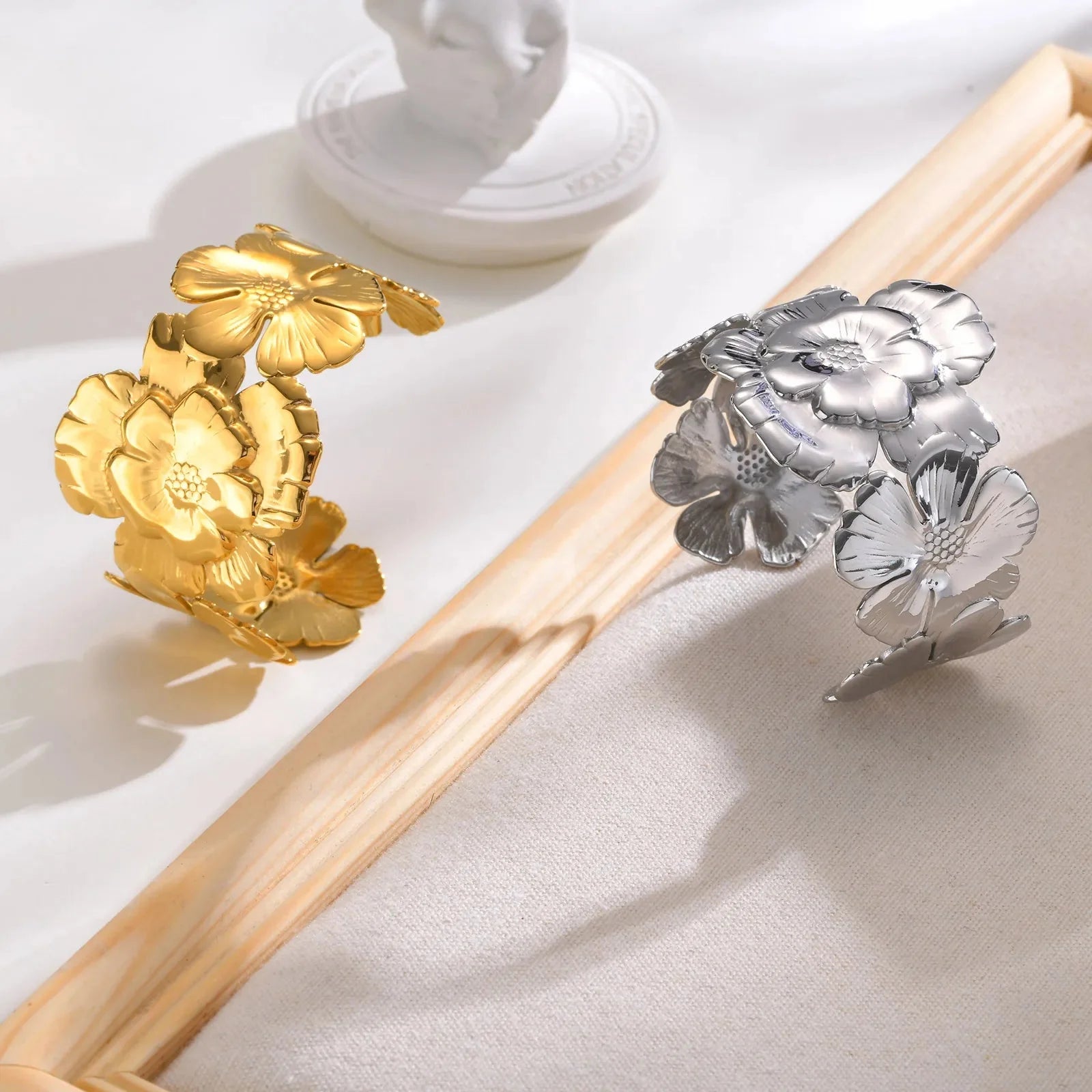 18k Floral Cuff Bangle Bracelets - Veinci
