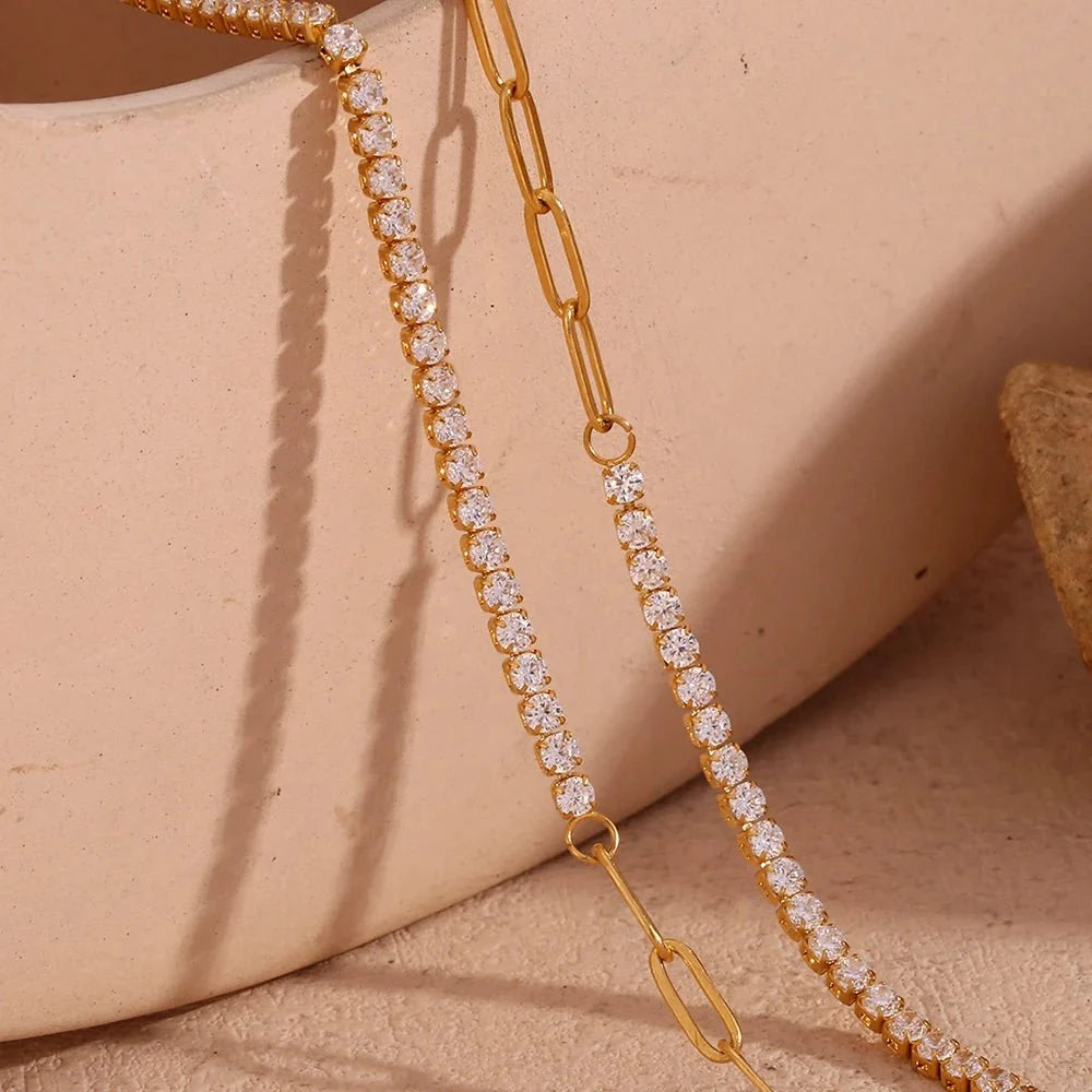 18k Paperclip Chain Tennis Necklace, Bracelet, and Earrings - Veinci