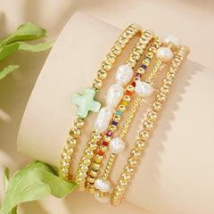 5-Piece Colorful Boho Pearl & Cross Beaded Bracelet Stack