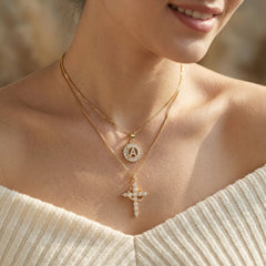 2-Piece 14K Diamond Cross Crown & Initial Necklace Set