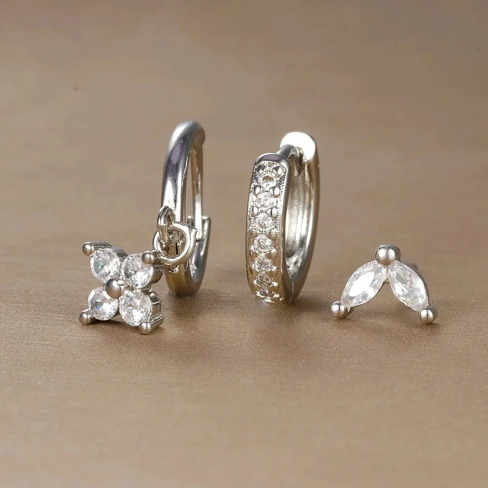 3pc Dainty Floral Huggie Whale Earrings Set - Veinci