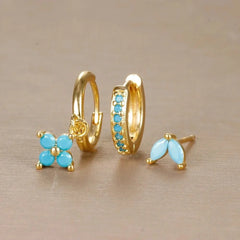 3pc Dainty Floral Huggie Whale Earrings Set - Veinci