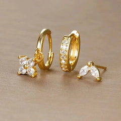 3pc Dainty Floral Huggie Whale Earrings Set - Veinci
