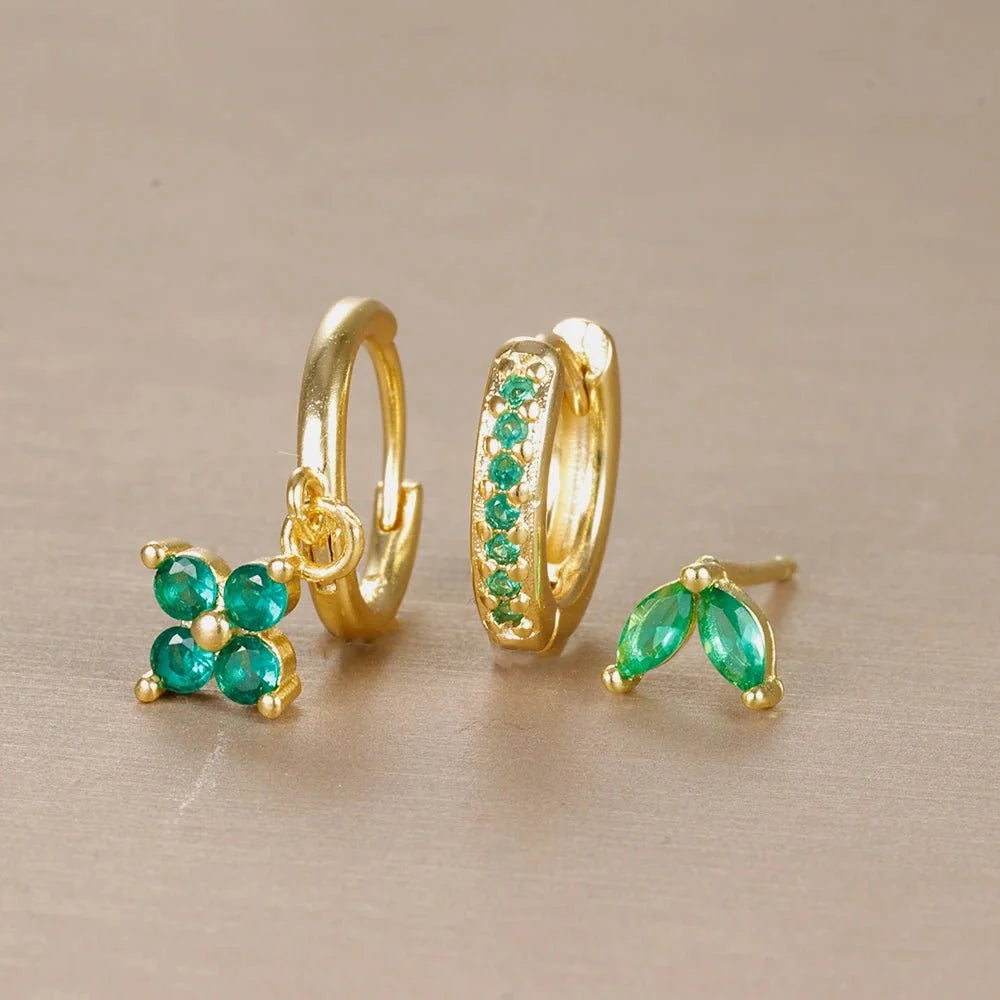 3pc Dainty Floral Huggie Whale Earrings Set - Veinci