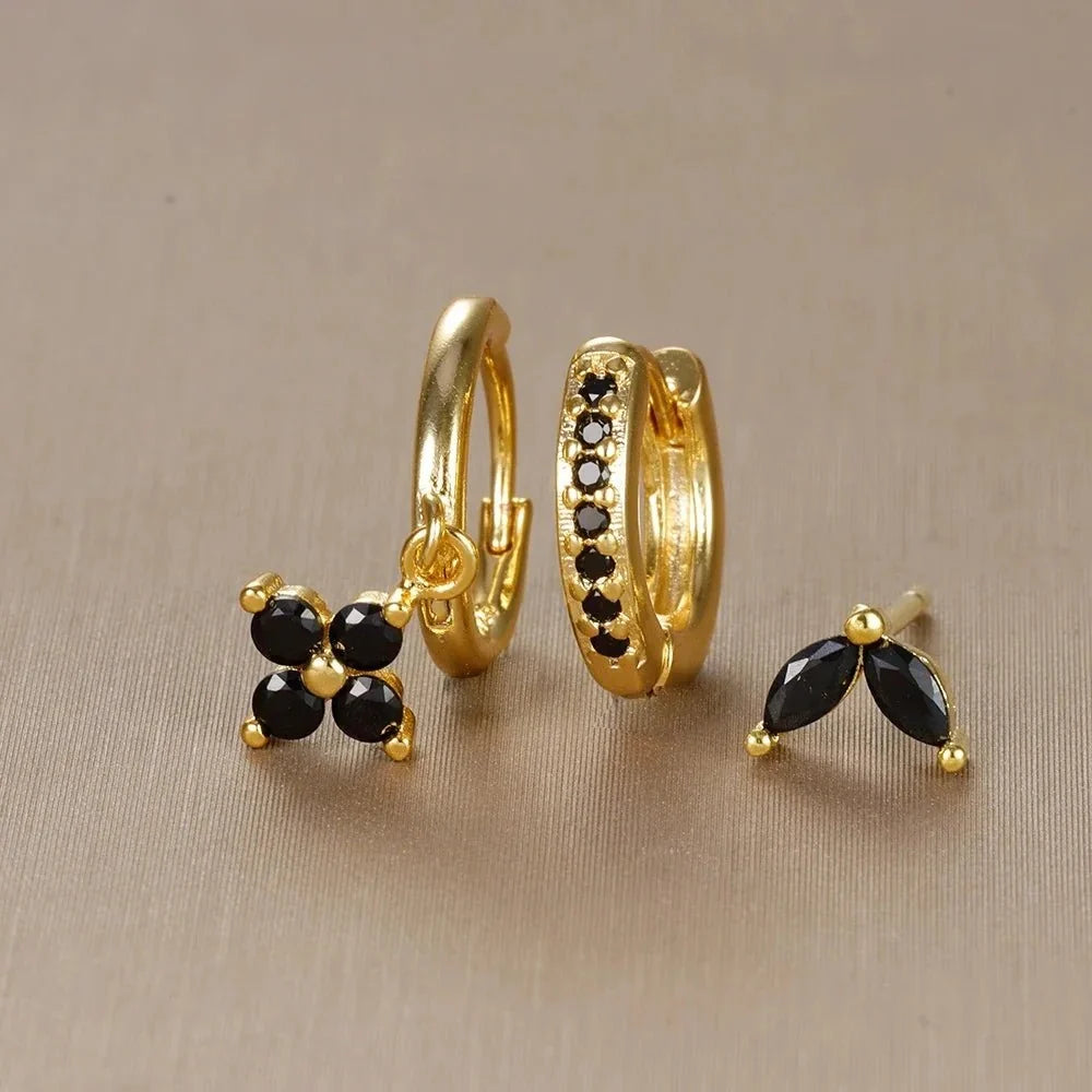 3pc Dainty Floral Huggie Whale Earrings Set - Veinci