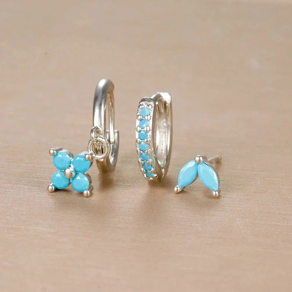 3pc Dainty Floral Huggie Whale Earrings Set - Veinci