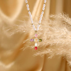14K Colorful Gem Set Cross Pearl Necklace