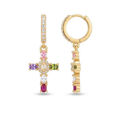 Dainty Colorful Gem Set Cross Earrings
