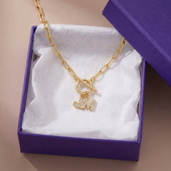 Paperclip Diamond Letter Initial Heart Charm Toggle Clasp Necklace