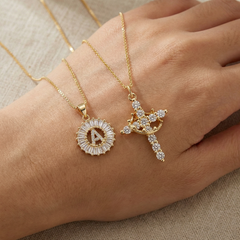 2-Piece 14K Diamond Cross Crown & Initial Necklace Set