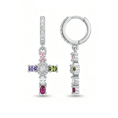 Dainty Colorful Gem Set Cross Earrings
