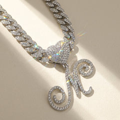 Cursive Diamond Accented Initial Cuban Heart Necklace