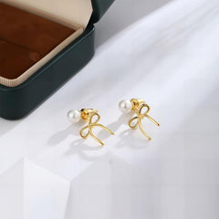 14K Pearl Accented Dangle Bow Earrings