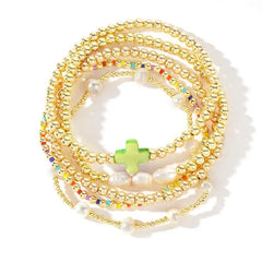 5-Piece Colorful Boho Pearl & Cross Beaded Bracelet Stack