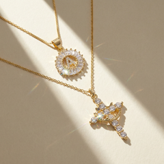 2-Piece 14K Diamond Cross Crown & Initial Necklace Set
