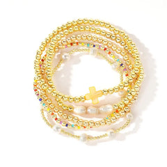 5-Piece Colorful Boho Pearl & Cross Beaded Bracelet Stack