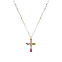 14K Colorful Gem Set Cross Pearl Necklace