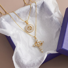 2-Piece 14K Diamond Cross Crown & Initial Necklace Set
