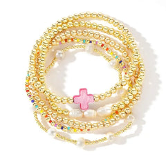 5-Piece Colorful Boho Pearl & Cross Beaded Bracelet Stack