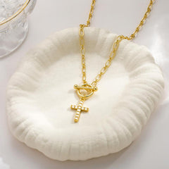 Dainty Diamond Cross Toggle Clasp Necklace
