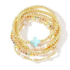 5-Piece Colorful Boho Pearl & Cross Beaded Bracelet Stack