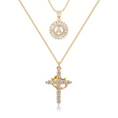 2-Piece 14K Diamond Cross Crown & Initial Necklace Set