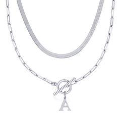 2-Piece Paperclip Initial Toggle Clasp & Herringbone Necklace Set