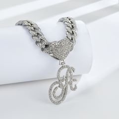 Cursive Diamond Accented Initial Cuban Heart Necklace