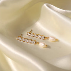 18K Dainty Diamond Tassel Pearl Dangle Earrings
