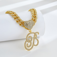 Cursive Diamond Accented Initial Cuban Heart Necklace