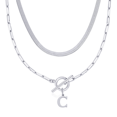 2-Piece Paperclip Initial Toggle Clasp & Herringbone Necklace Set