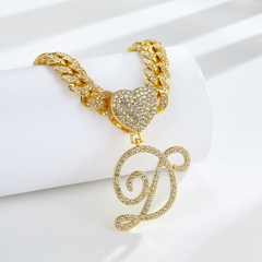 Cursive Diamond Accented Initial Cuban Heart Necklace