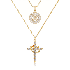 2-Piece 14K Diamond Cross Crown & Initial Necklace Set