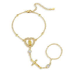 14K Virgin Mary & Jesus Christ Heart Cross Hand Chain