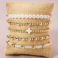 5-Piece Gold & Pearl Cross Beaded Bracelet Stack