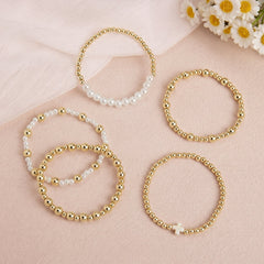5-Piece Gold & Pearl Cross Beaded Bracelet Stack