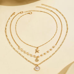 3-Piece Boho Starfish & Shell Layered Necklace Stack