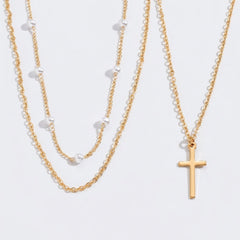 2-Piece Dainty Layered Pearl & Cross Necklace Stack