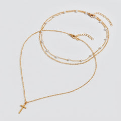 2-Piece Dainty Layered Pearl & Cross Necklace Stack