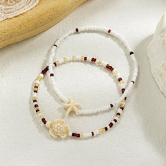 Dainty Boho Sea Star & Turtle Anklet Stack